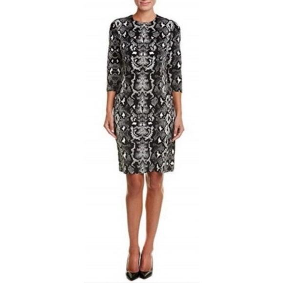 NWOT J McLaughlin Sz M Snake Print Blk White Pockets Keyhole Back 3/4 Slv Dress - Picture 1 of 13